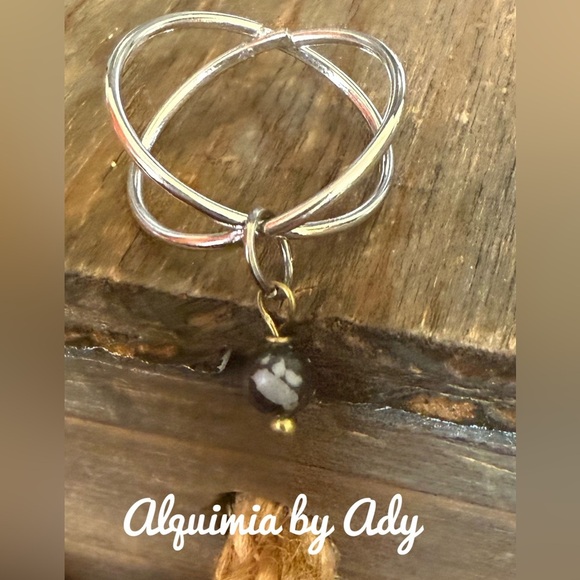 Silver and Gold Ring with Black Bead Charm obsidian - Picture 1 of 2